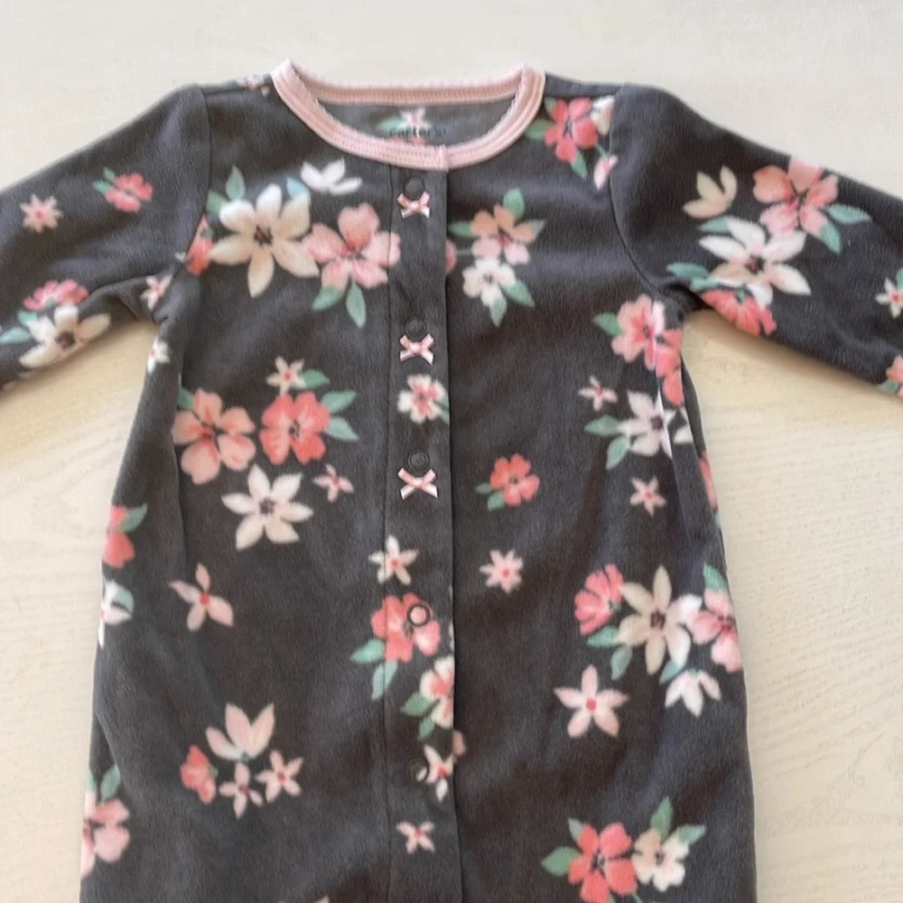 Carter's Baby Cozy Pajamas, Dark Grey with Pink & Coral Flower Print, Sz 9 Month